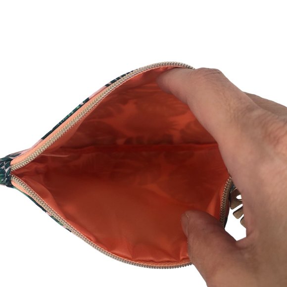 Ipsy Green Leaves Plants Pink Zippered Bag w Charm Cosmetics Makeup Pouch Summer - Picture 4 of 4